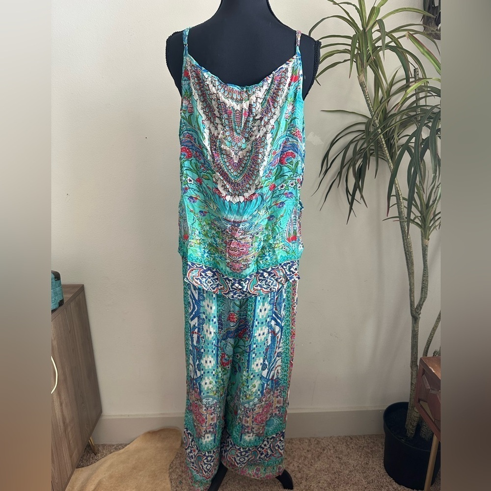 Printed silk BoHo vacation pant set beaded neckline blue floral paisley m/L - Picture 9 of 10